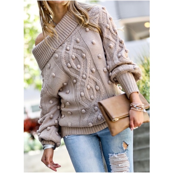 BellanBlue Sweaters - 048 Cozy Off shoulder Pom Pom Oversized Sweater Top